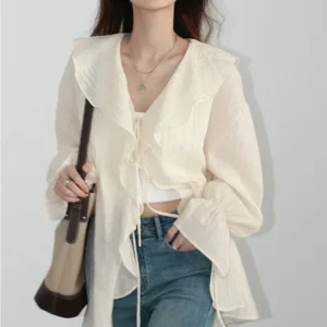 Women's V-Neck Lace-Up Blouse with Ruffled Edges