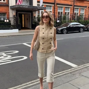 Women's Lightweight Stand Collar Utility Vest with Bronze Buttons