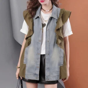 Women's Patchwork Denim Vest with Lace Ruffle Trim